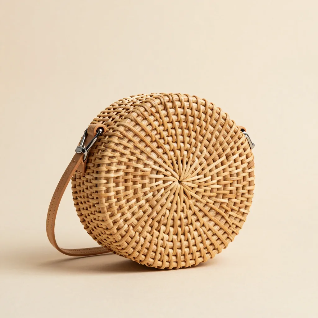 A round natural rattan crossbody bag on a light background