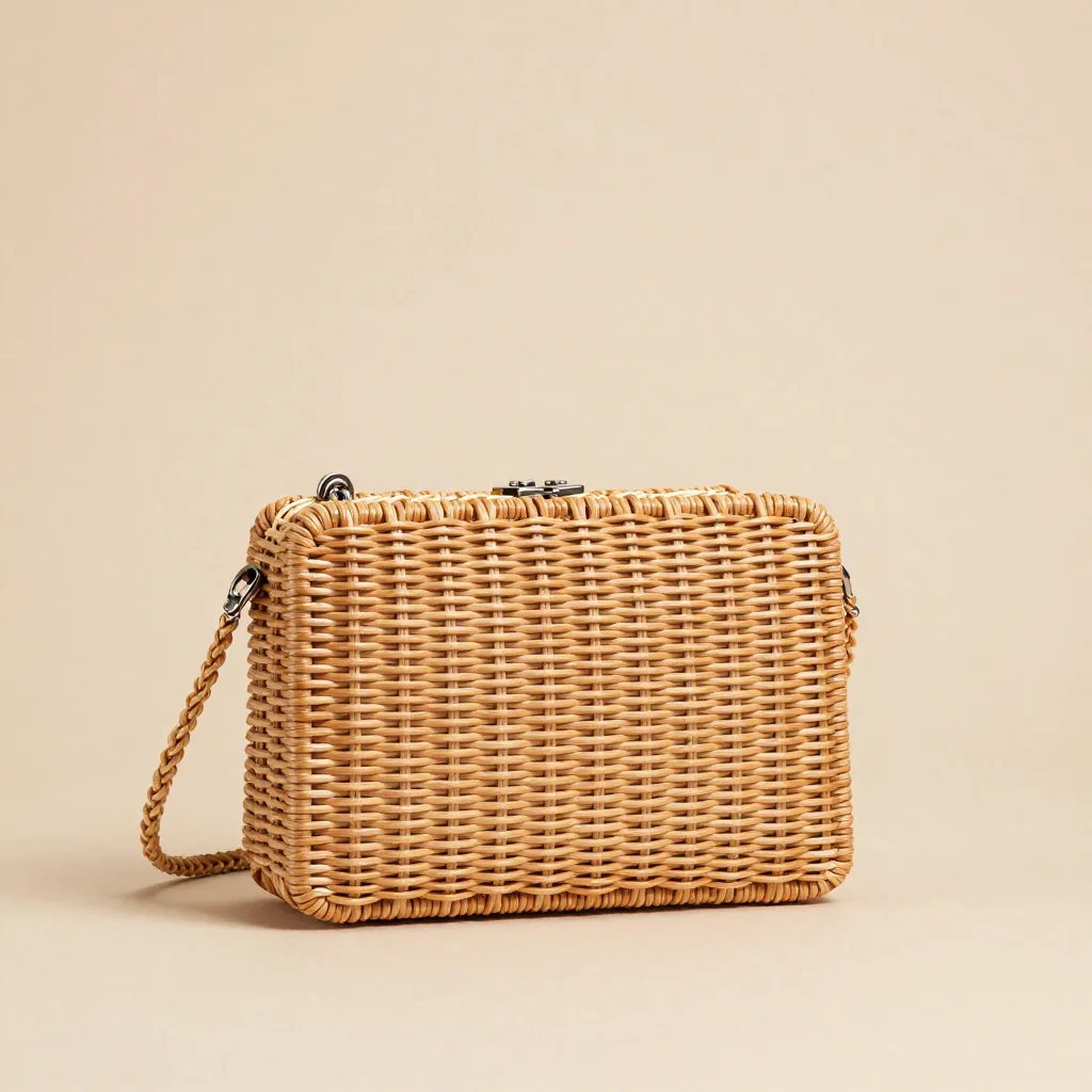 A rectangular rattan crossbody bag on a light background