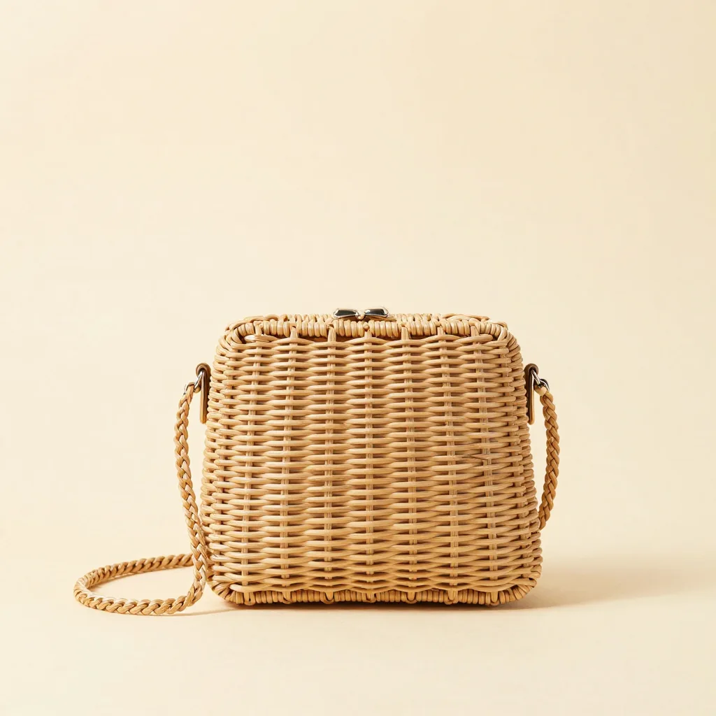 A small mini rattan crossbody bag on a light background