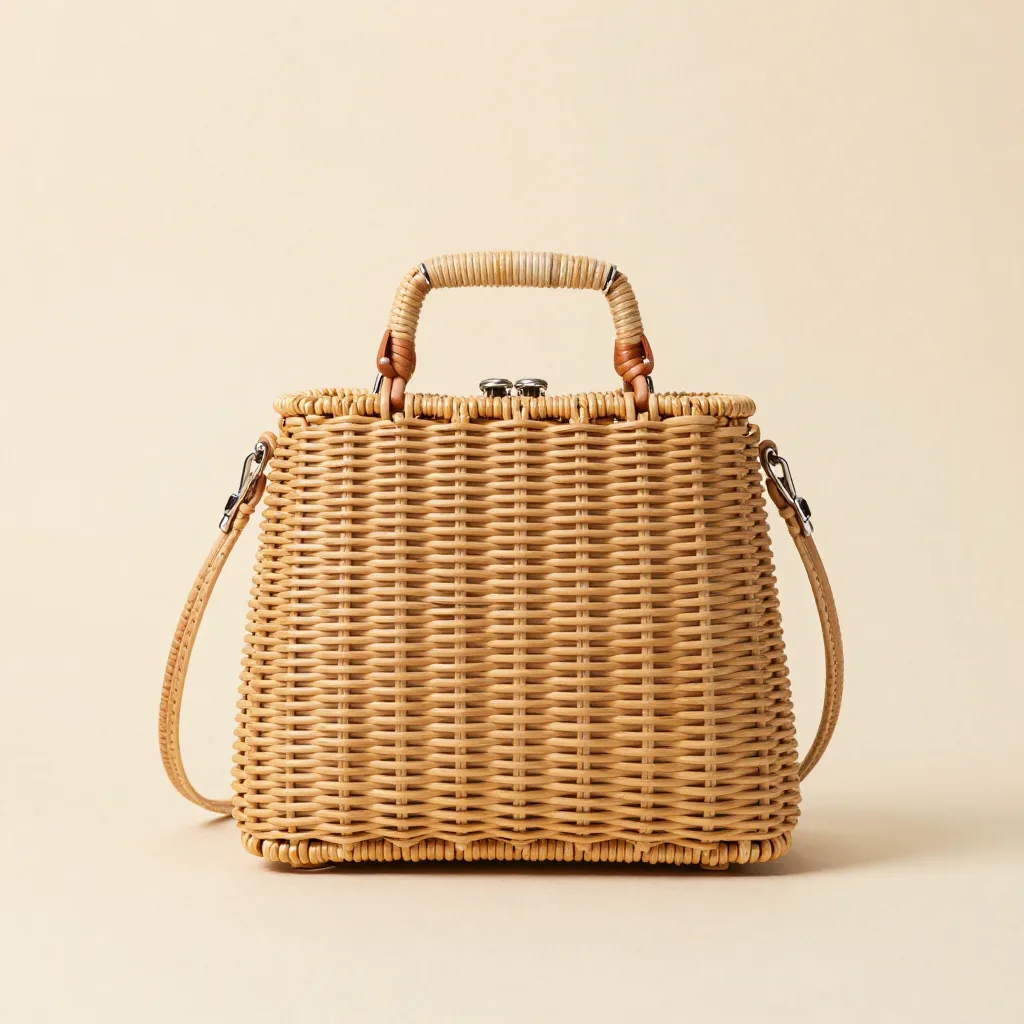 A basket-style rattan crossbody bag on a light background