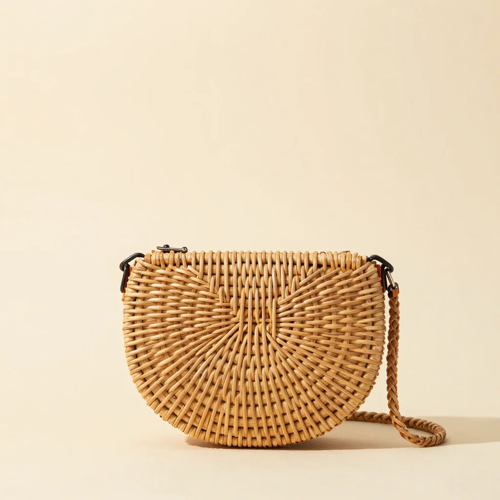 A half-moon rattan crossbody bag on a light background