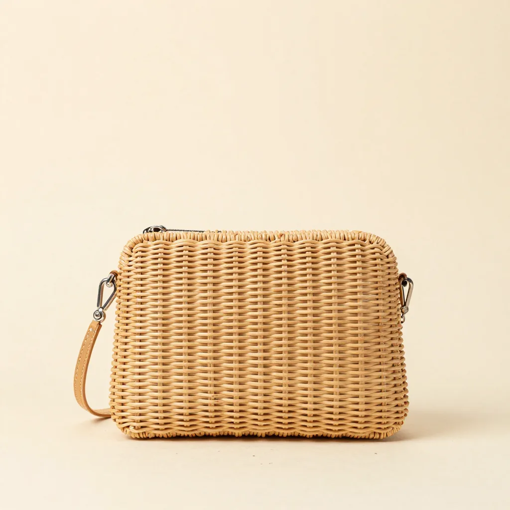 A fine-weave rattan crossbody bag on a light background