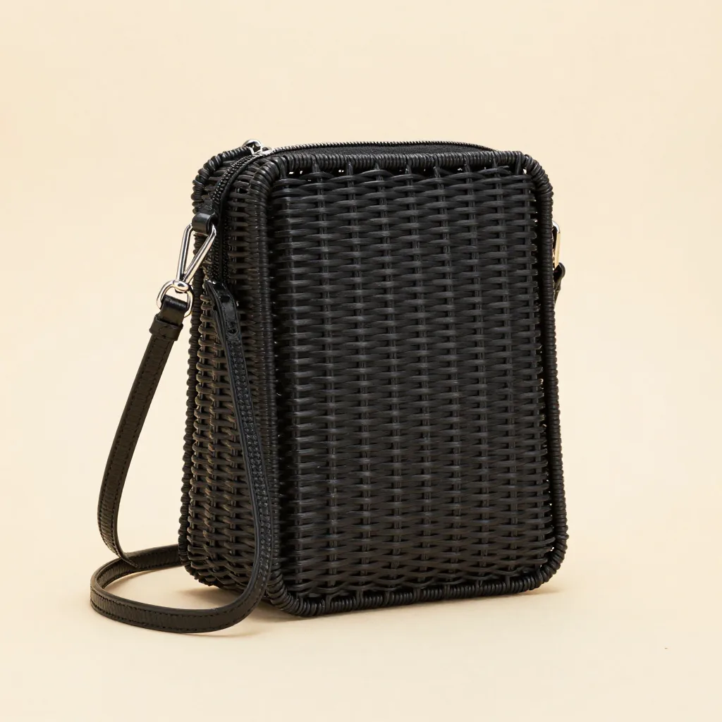 A black rattan crossbody bag on a light background