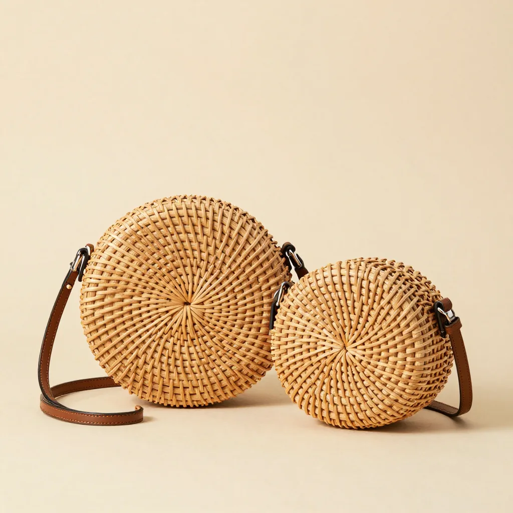 A round and a mini rattan crossbody bag together on a light background