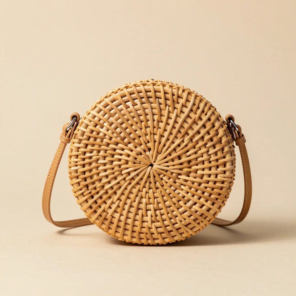 A round tan rattan crossbody bag on a light background