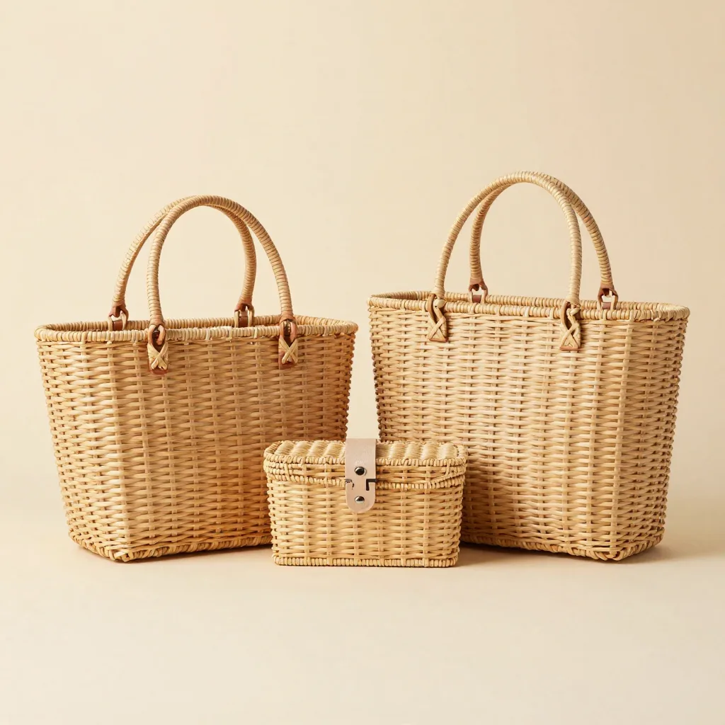 A resort gift set of rattan bags in natural cane on a light background